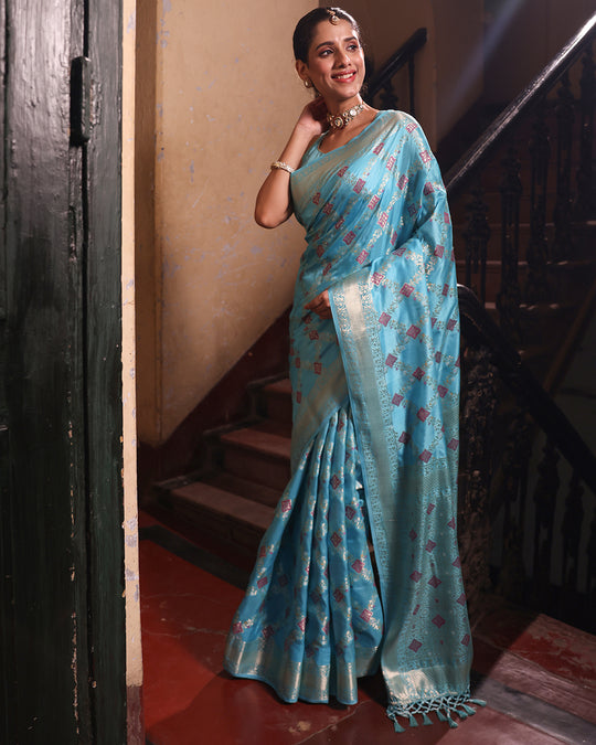 Aqua Blue Pure Banarasi Saree with Intricate Geometric Butidar Weaves