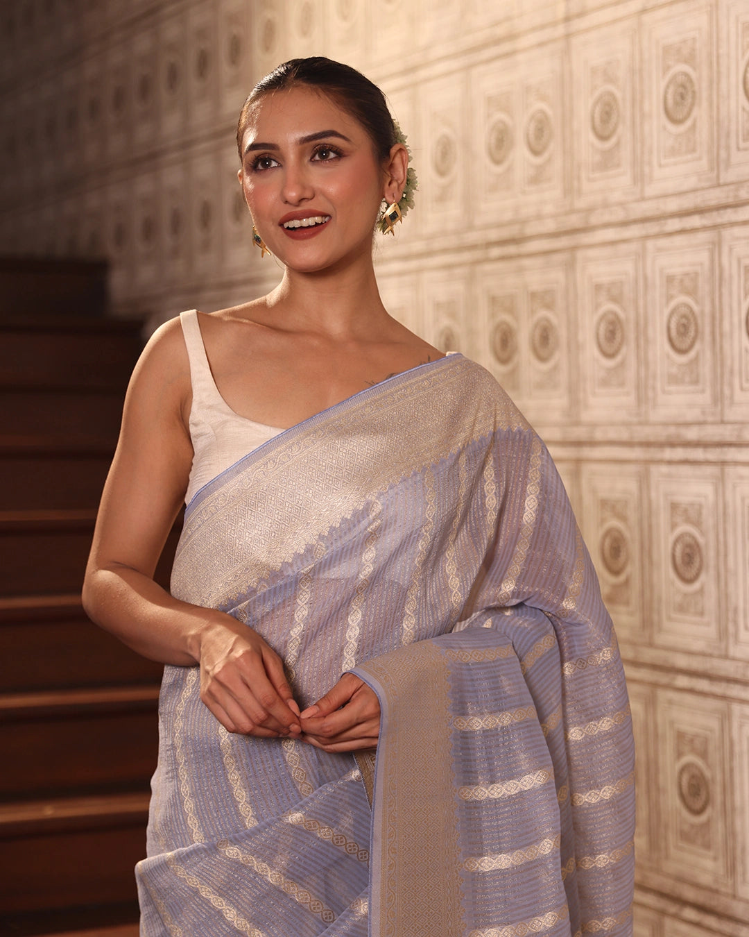 Misty Blue Pure Georgette and Tissue Saree with Classic Stripe Weaving