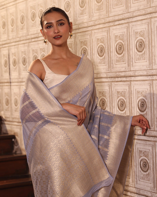 Misty Blue Pure Georgette and Tissue Saree with Classic Stripe Weaving