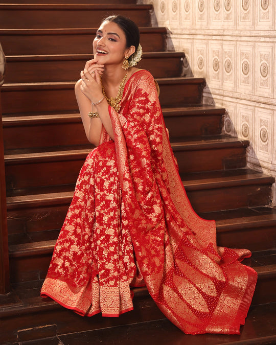 Red Pure Khaddi Georgette Bandhej Saree with Floral Vine Jaal Weaves