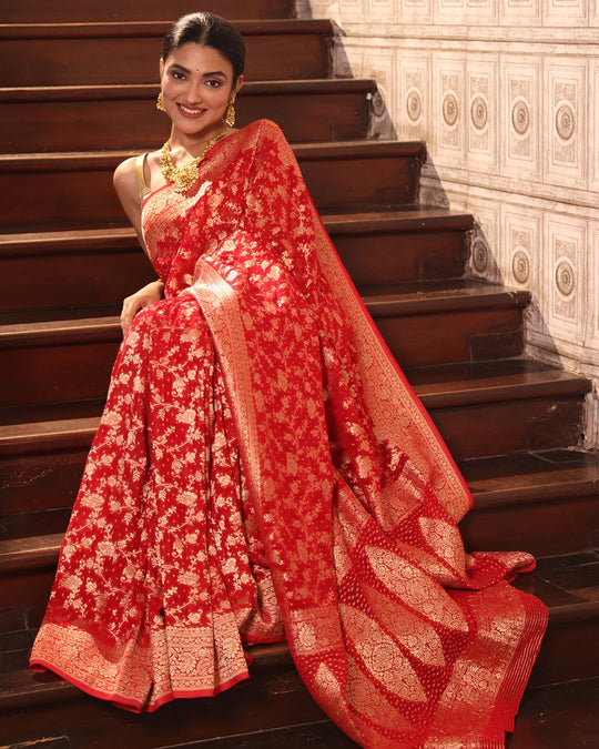 Red Pure Khaddi Georgette Bandhej Saree with Floral Vine Jaal Weaves