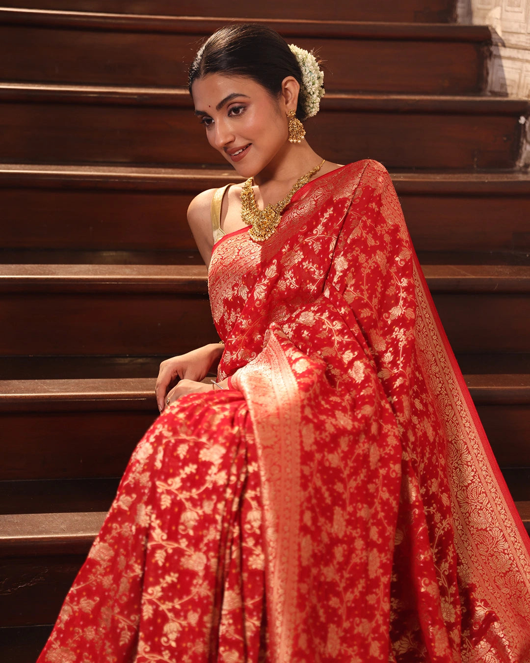 Red Pure Khaddi Georgette Bandhej Saree with Floral Vine Jaal Weaves