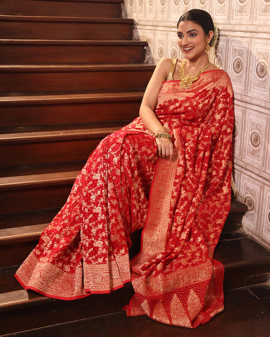 Red Pure Khaddi Georgette Bandhej Saree with Floral Vine Jaal Weaves