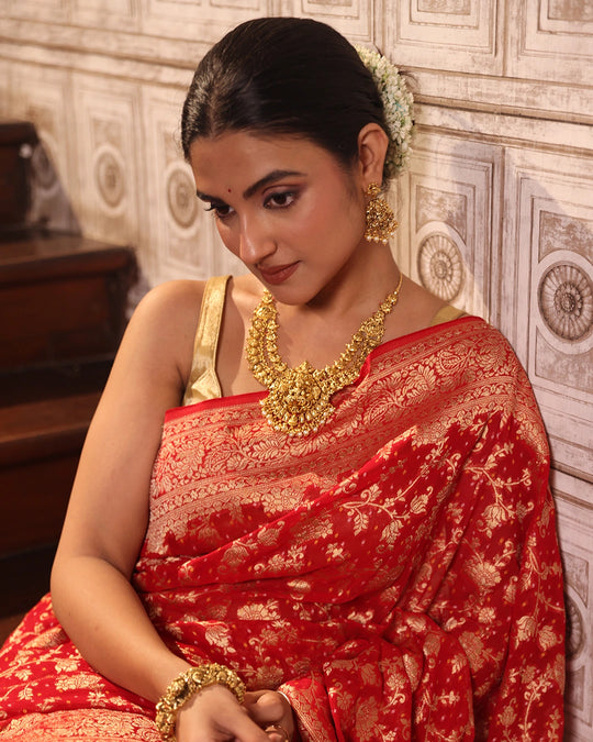 Red Pure Khaddi Georgette Bandhej Saree with Floral Vine Jaal Weaves