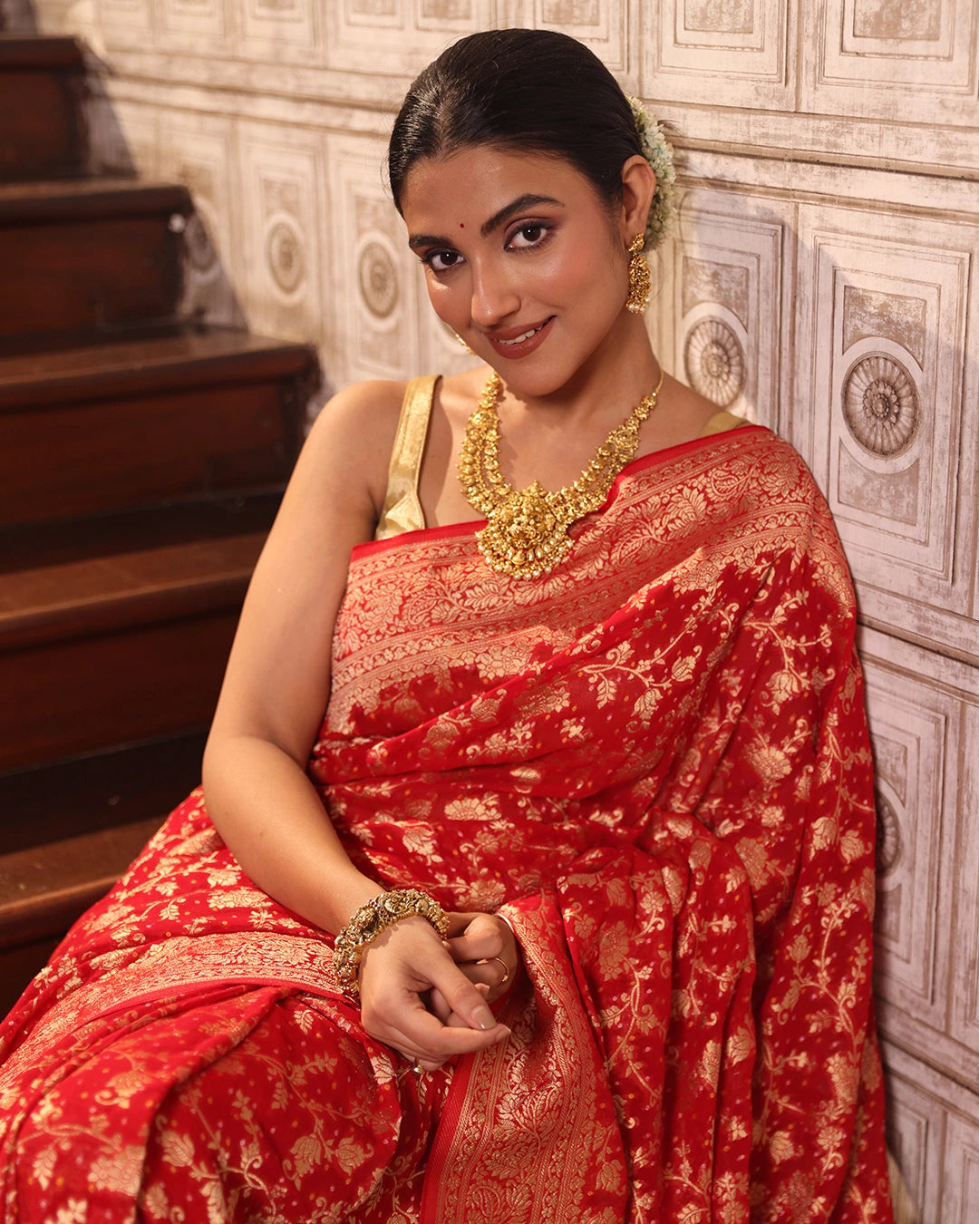 Red Pure Khaddi Georgette Bandhej Saree with Floral Vine Jaal Weaves