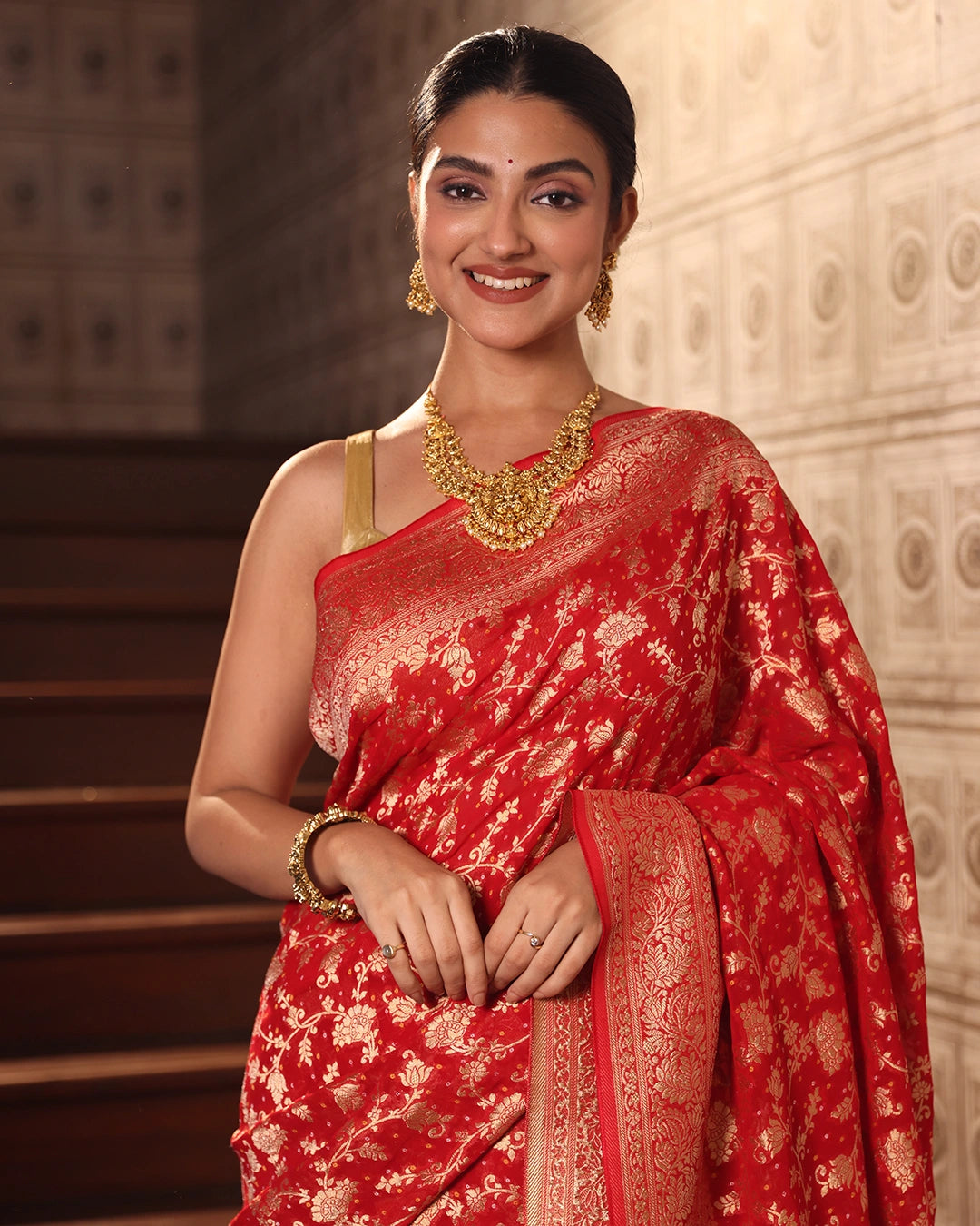 Red Pure Khaddi Georgette Bandhej Saree with Floral Vine Jaal Weaves