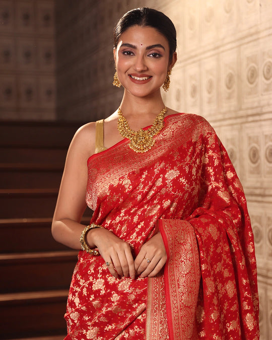 Red Pure Khaddi Georgette Bandhej Saree with Floral Vine Jaal Weaves