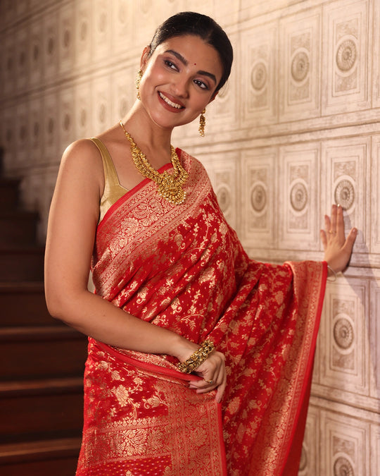 Red Pure Khaddi Georgette Bandhej Saree with Floral Vine Jaal Weaves