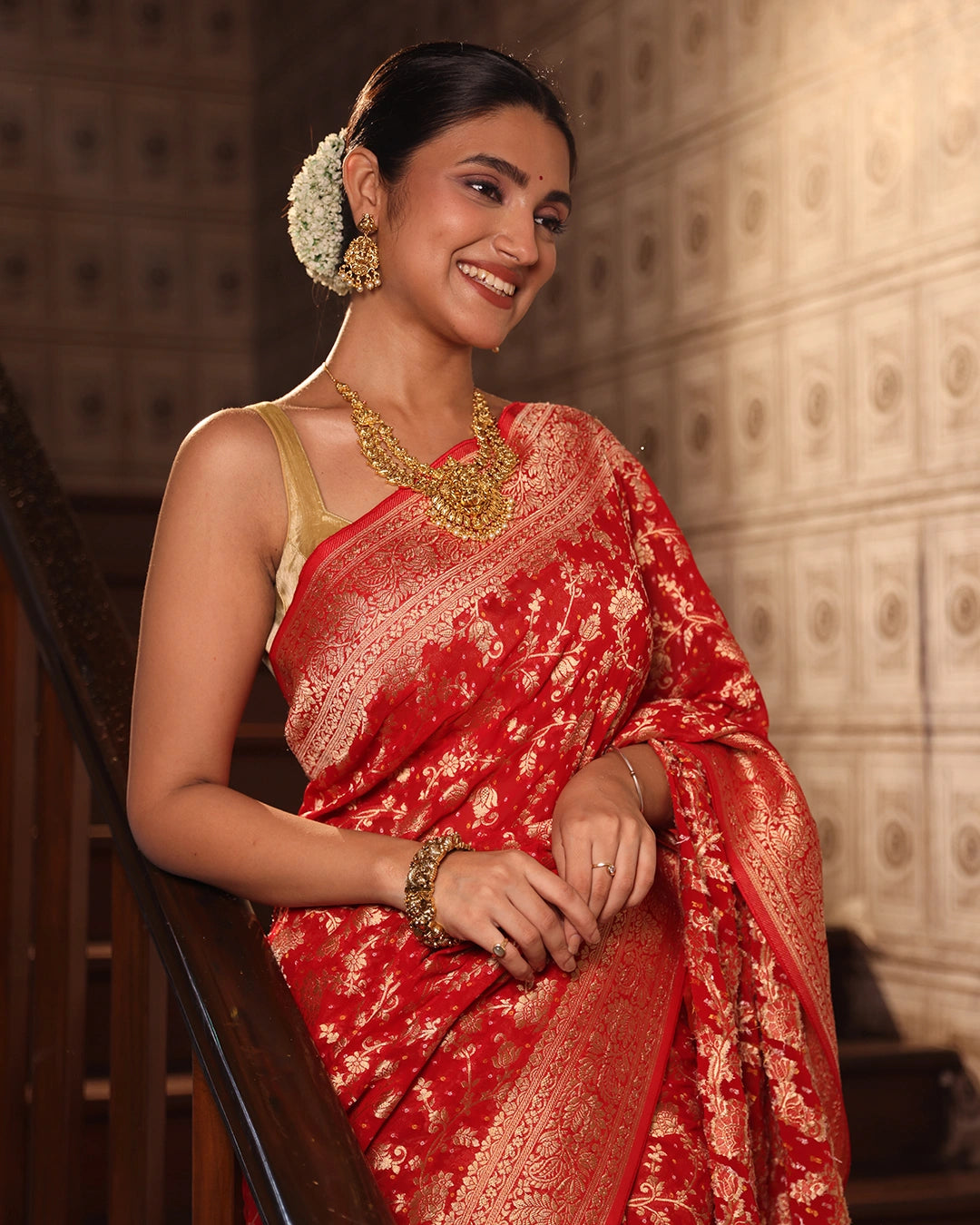 Red Pure Khaddi Georgette Bandhej Saree with Floral Vine Jaal Weaves