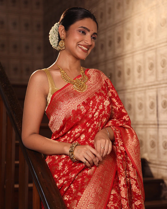 Red Pure Khaddi Georgette Bandhej Saree with Floral Vine Jaal Weaves