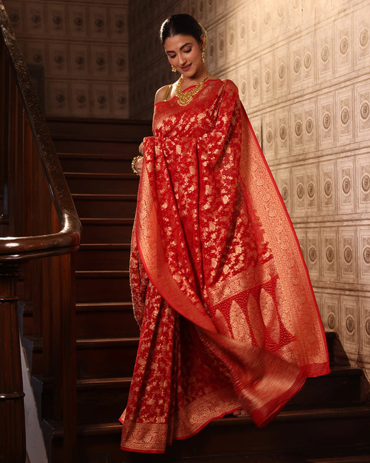Red Pure Khaddi Georgette Bandhej Saree with Floral Vine Jaal Weaves