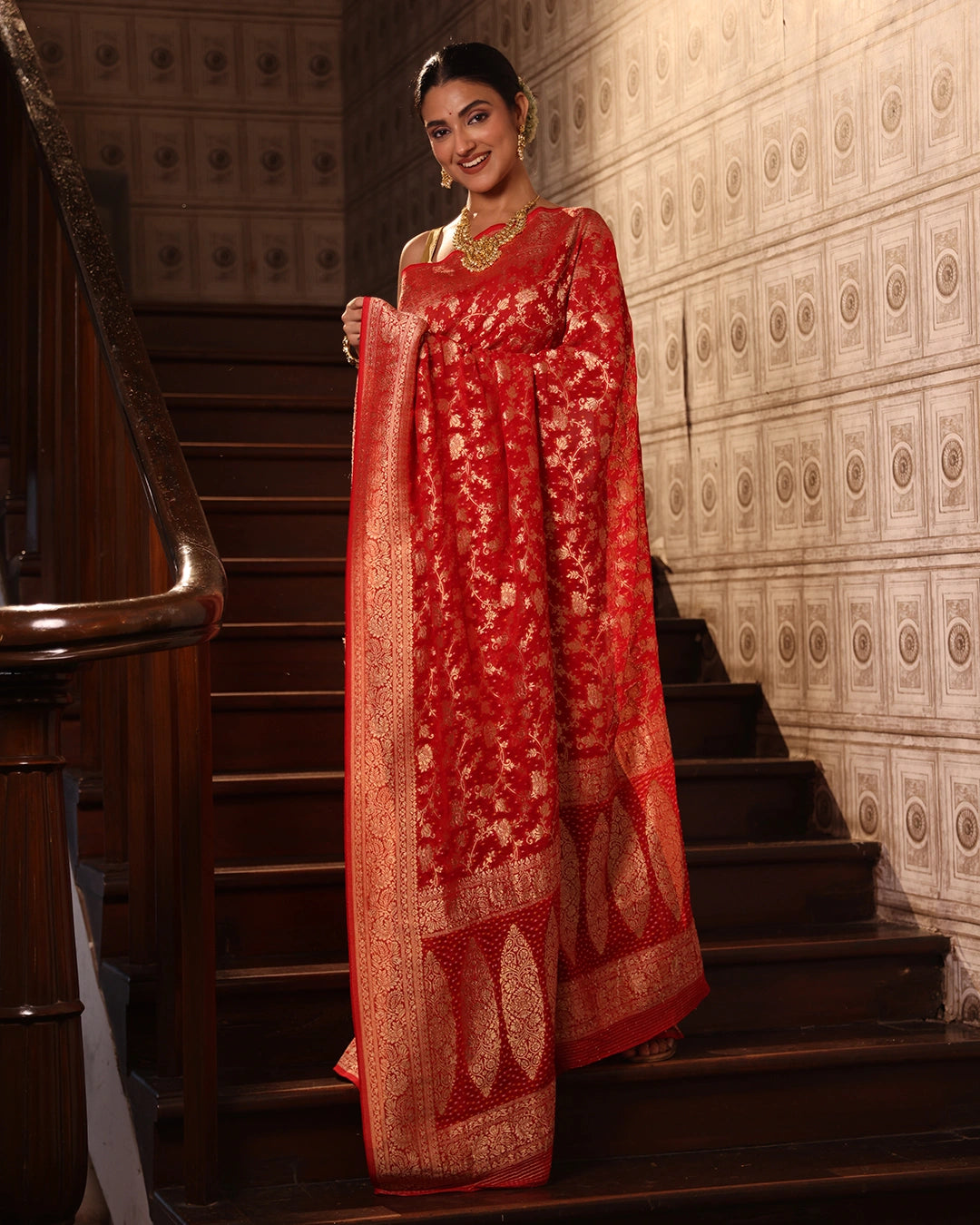 Red Pure Khaddi Georgette Bandhej Saree with Floral Vine Jaal Weaves
