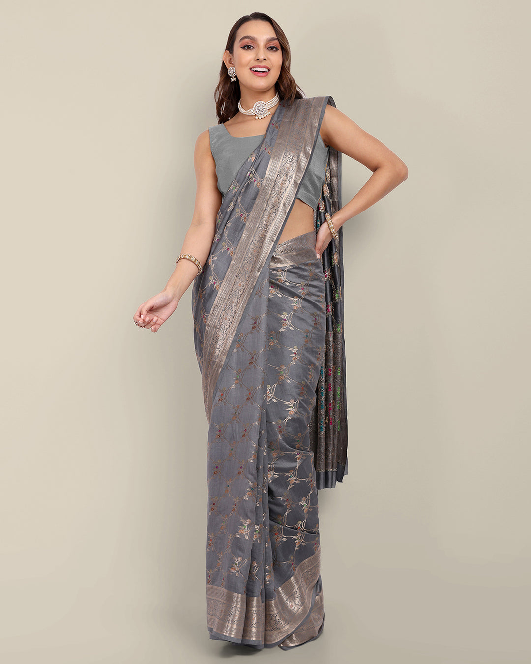 Foggy Grey Handwoven Banarasi Chiniya Silk Saree