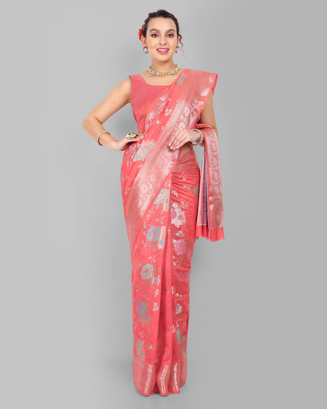 Watermelon Pink Handwoven Banarasi Chiniya Silk Saree