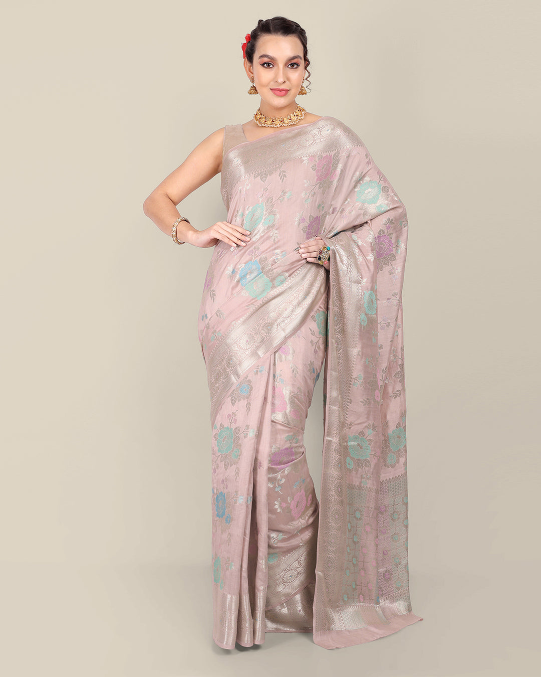 Champagne Floral Handwoven Banarasi Chiniya Silk Saree