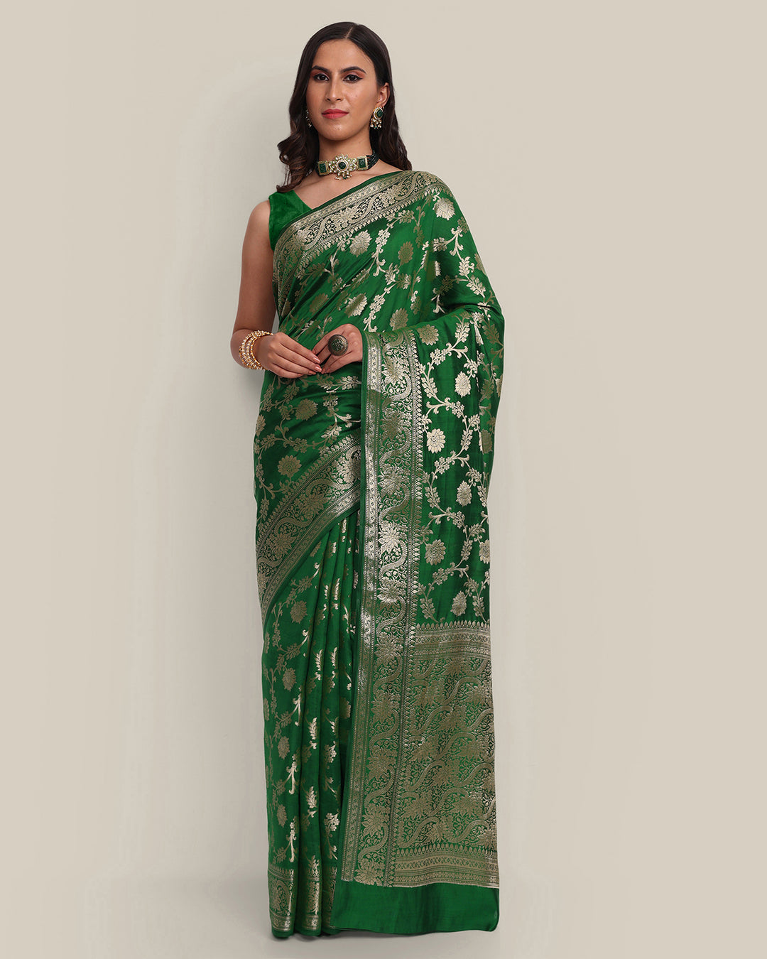 Dark Green Jangla Handwoven Banarasi Saree