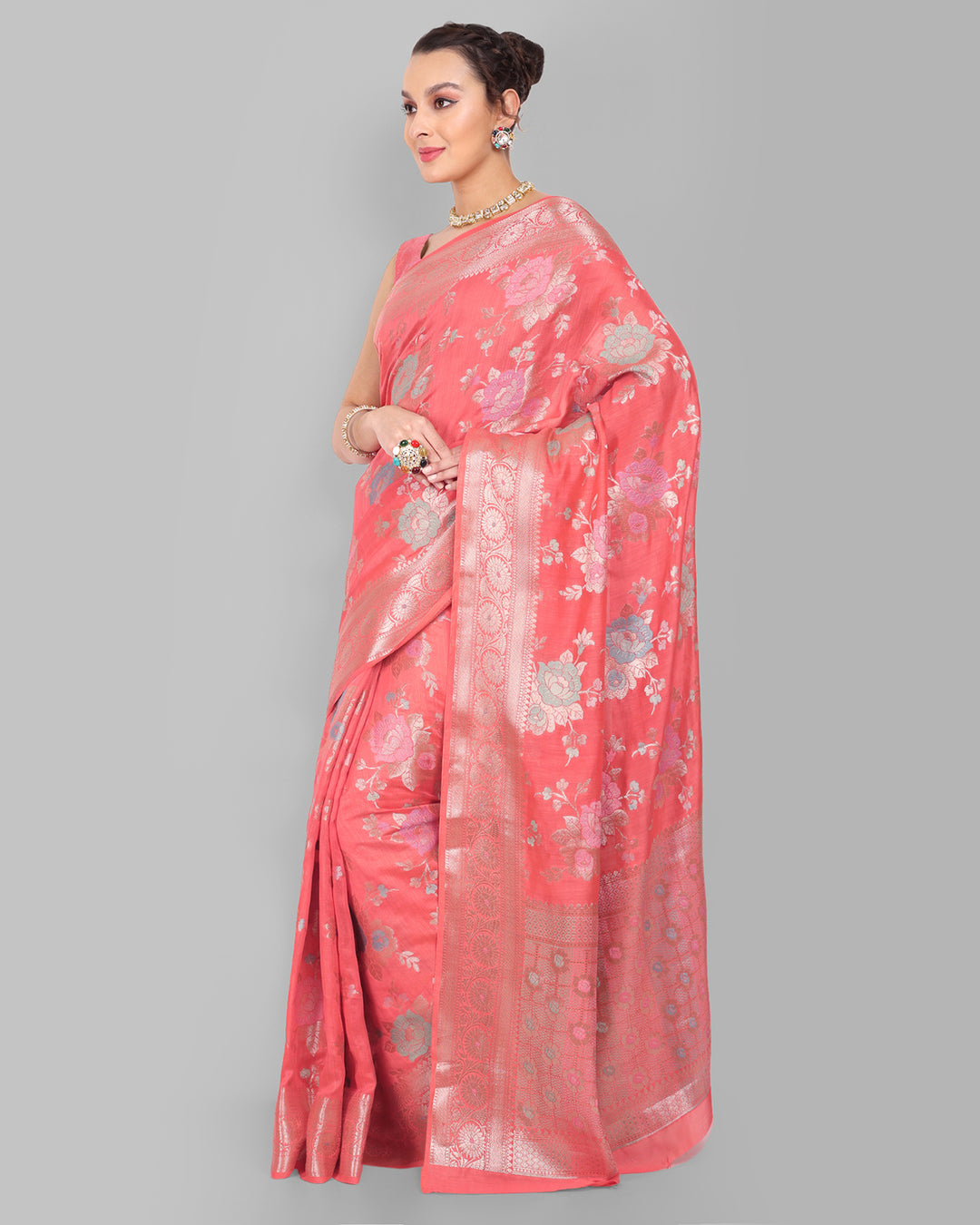 Watermelon Pink Handwoven Banarasi Chiniya Silk Saree