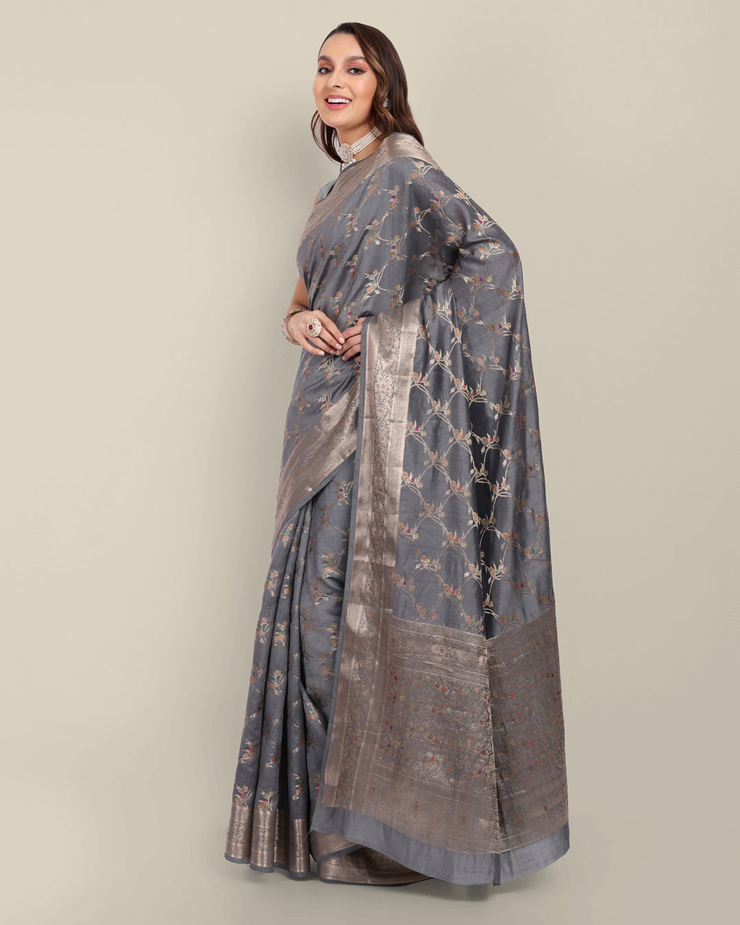 Foggy Grey Handwoven Banarasi Chiniya Silk Saree