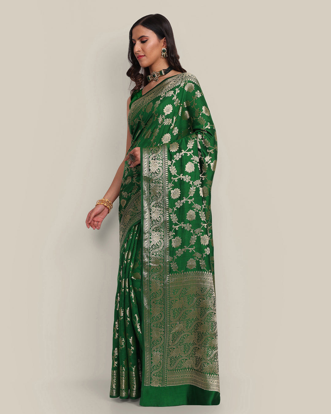 Dark Green Jangla Handwoven Banarasi Saree