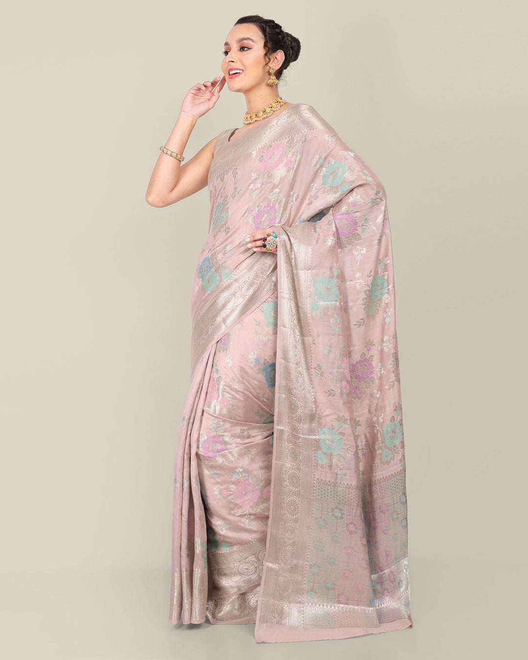 Baby Pink Floral Handwoven Banarasi Chiniya Silk Saree