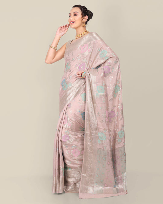 Baby Pink Floral Handwoven Banarasi Chiniya Silk Saree