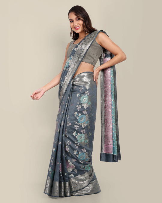 Electric Grey Handwoven Banarasi Chiniya Silk Saree