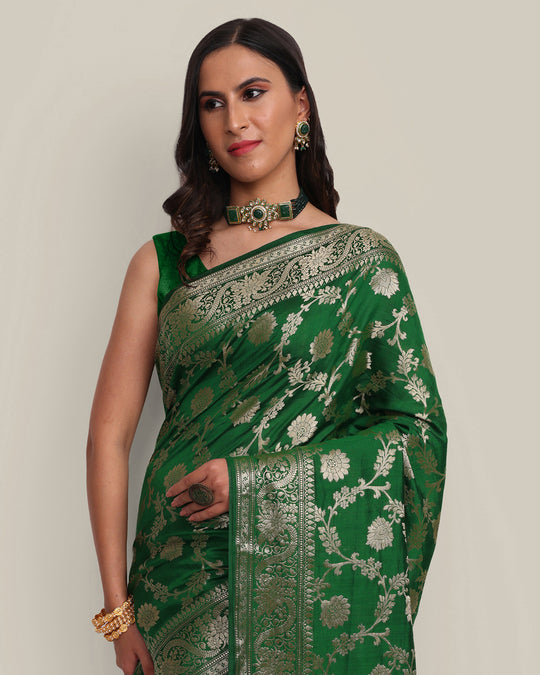 Dark Green Jangla Handwoven Banarasi Saree