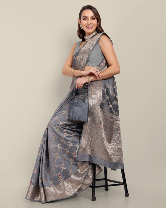 Foggy Grey Handwoven Banarasi Chiniya Silk Saree