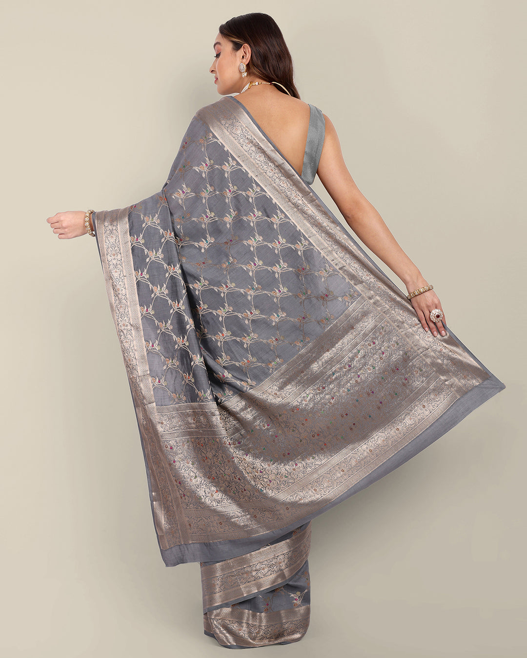 Foggy Grey Handwoven Banarasi Chiniya Silk Saree