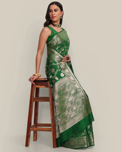 Dark Green Jangla Handwoven Banarasi Saree