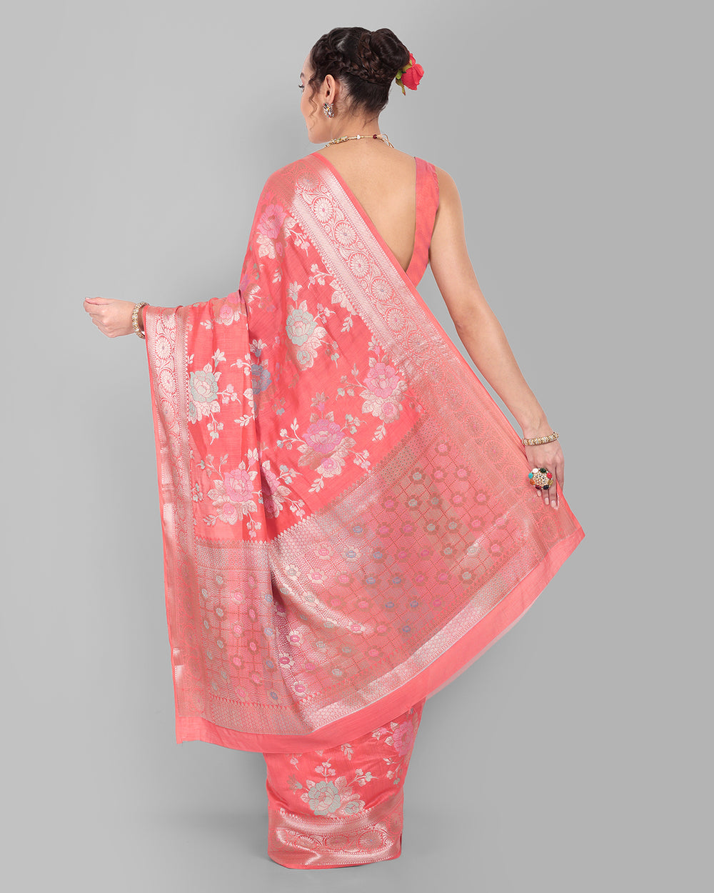 Watermelon Pink Handwoven Banarasi Chiniya Silk Saree