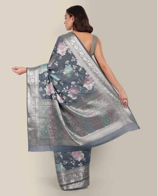 Electric Grey Handwoven Banarasi Chiniya Silk Saree