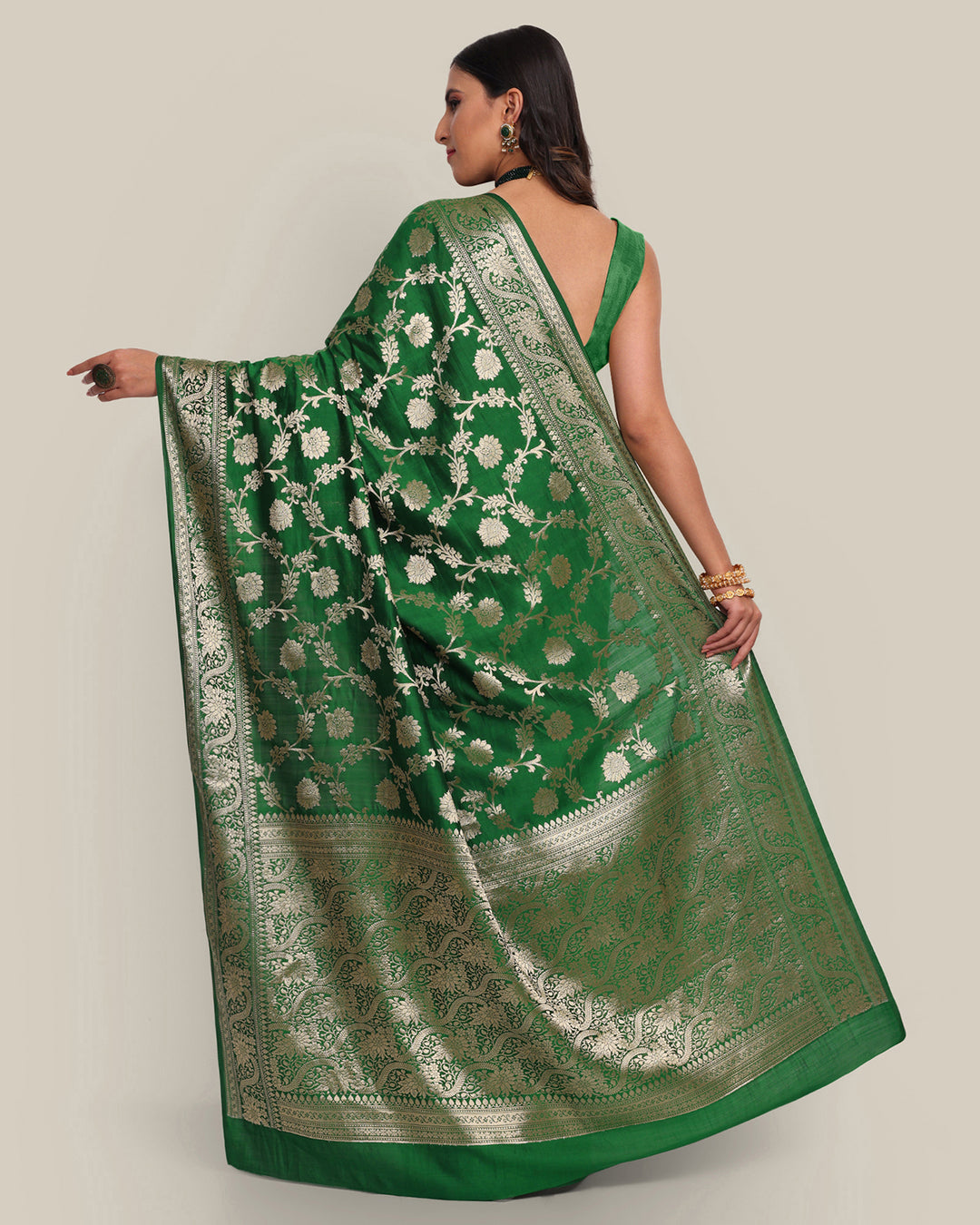 Dark Green Jangla Handwoven Banarasi Saree