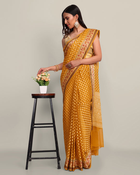 Bright Yellow Tanchoi Handwoven Banarasi Saree