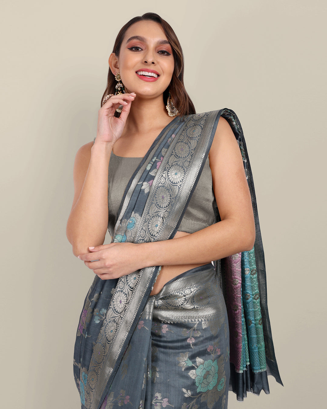 Electric Grey Handwoven Banarasi Chiniya Silk Saree