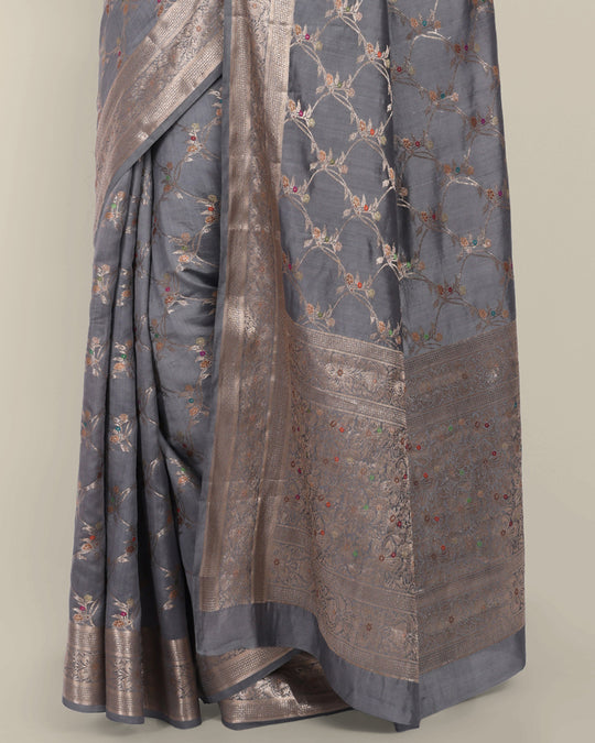 Foggy Grey Handwoven Banarasi Chiniya Silk Saree