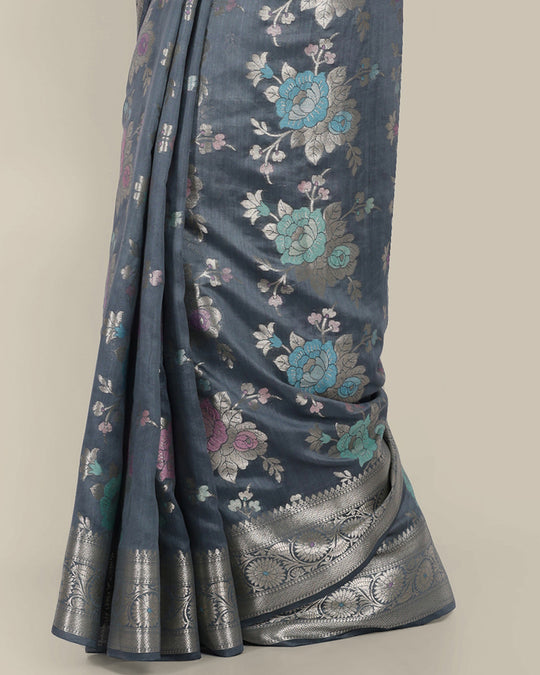 Electric Grey Handwoven Banarasi Chiniya Silk Saree