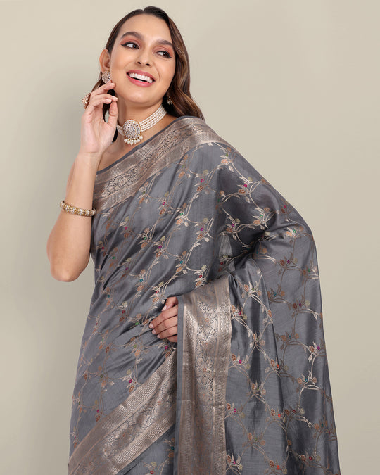 Foggy Grey Handwoven Banarasi Chiniya Silk Saree