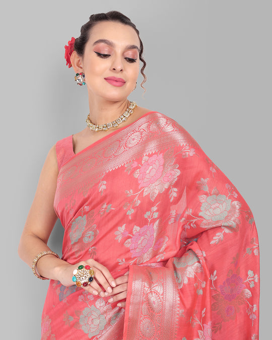 Watermelon Pink Handwoven Banarasi Chiniya Silk Saree