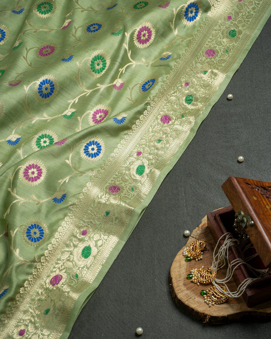 Lime Green Meenakari Jaal Handwoven Banarasi Saree