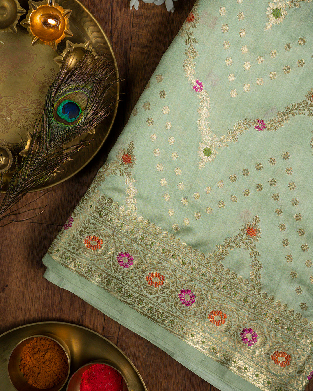 Pista Green Meenakari Jaal Handwoven Banarasi Saree – katansi