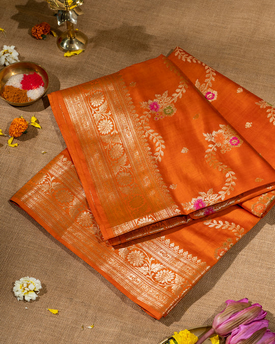 Aerospace Orange Meenakari Jaal Handwoven Banarasi Saree