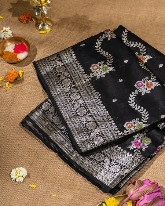 Midnight Black Meenakari Jaal Handwoven Banarasi Saree