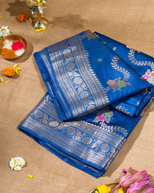 Egyptian Blue Floral Jaal Handwoven Banarasi Saree